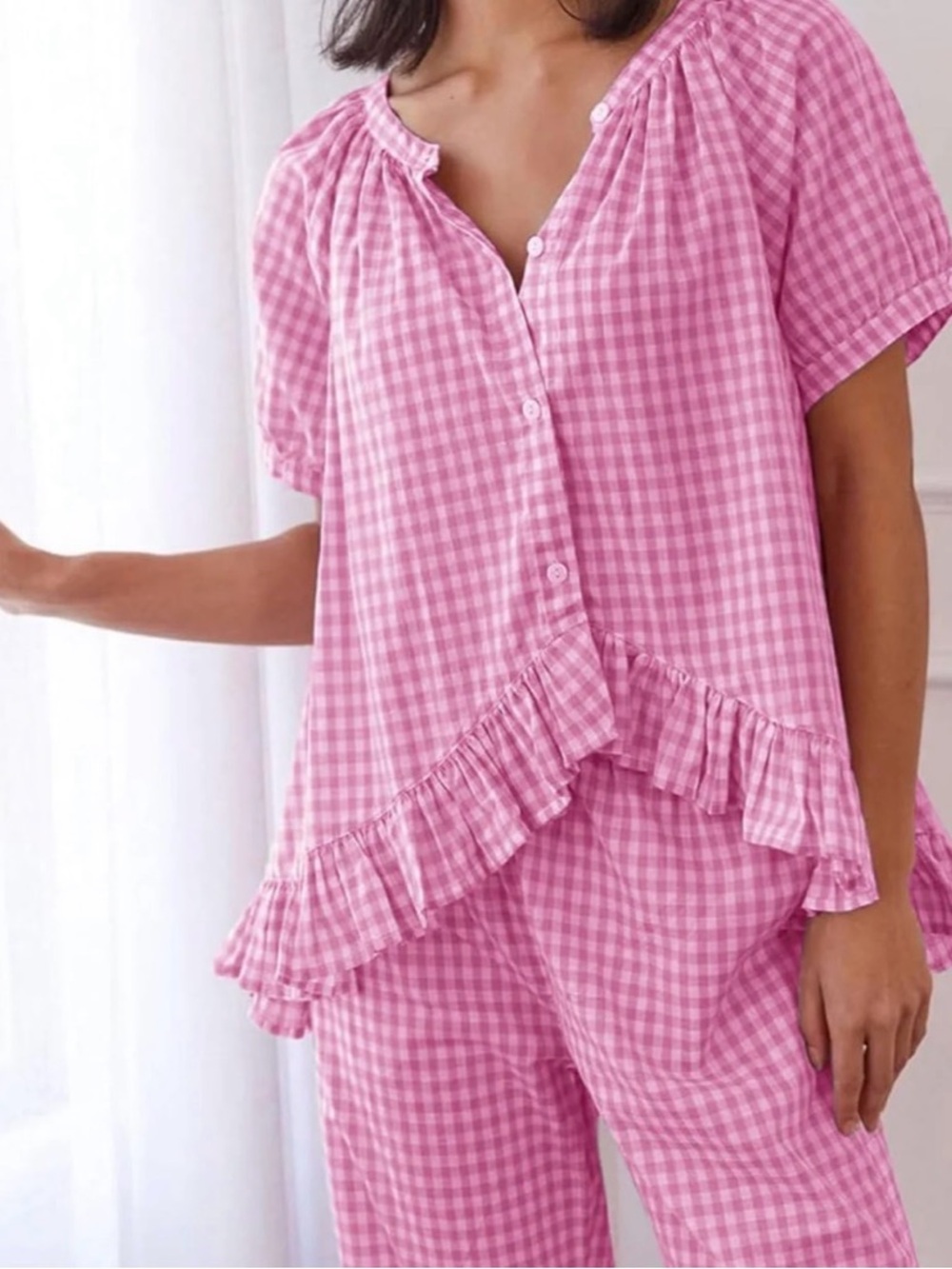 Women’s Pink Gingham Ruffle Pajama Set